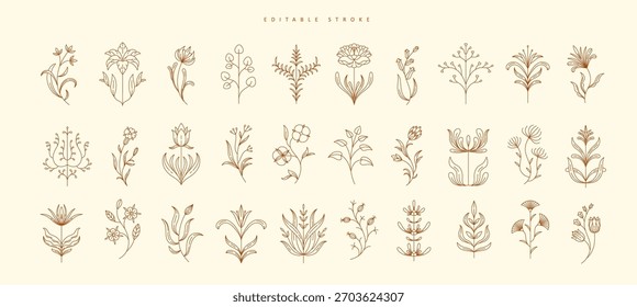 Conjunto de ramas geométricas simples boho y flores. Elementos de diseño botánicos en estilo ondulado y vintage. Impresión de hojas y ramas para logotipo, redes sociales o embalaje