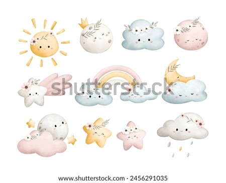 Set of Boho Sky Elements Character. Sun, Cloud, Rainbow, Moon and Stars.