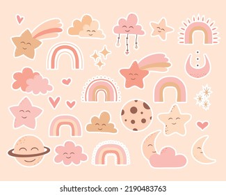 Set of boho stickers. Cute stickers with moon, stars and clouds. Stickers in boho style. Vector illustration.