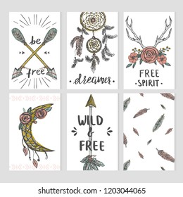 Set of boho style card templates with tribal elements - feathers, arrows and so on.