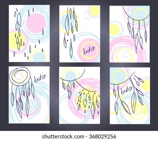 Set of boho style cards and drawn. Vector illustration. 