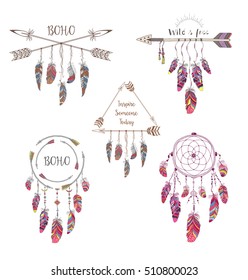 Set of Boho Style Design for T-shirt, Tattoo and Decoration. Abstract Frame with Bird Feather and Arrow . Dream Catcher. Motivational quote.