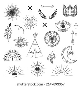 Set of boho style elements. Feathers, arrows and flowers, rainbow, month. Vector illustration isolated on white background.