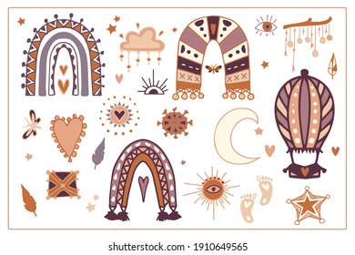 
set of boho style elements, rainbows with patterns and pompoms, feathers, footprints, moon, sun, stars, pillows, decorative graphics