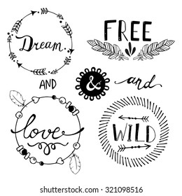 Set Of Boho Style Frames And Hand Drawn Elements. Vector Illustration. 