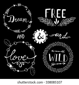 Set of Boho Style Frames and hand drawn elements. Vector illustration. 