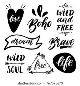 Set of Boho Style Frames and hand drawn elements. Vector illustration.