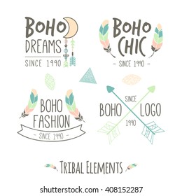 Set of Boho Style Frames, logos and hand drawn element. Vector illustration. Boho tribal hipster label set. Ornament vintage symbol element, decoration drawing collection, flyer, baner, card, brochure