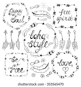 Set of boho style frames with place for your text. Hand drawn bohemian elements: arrows, feathers,wreath, spirals, signs of infinity. Vector illustration. 