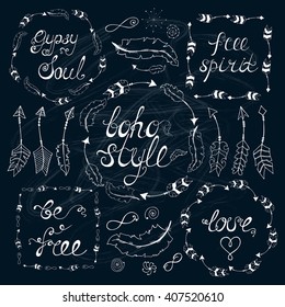 Set of boho style frames with place for your text. Hand drawn bohemian elements: arrows, feathers,wreath, spirals, signs of infinity. Vector illustration over a blackboard.