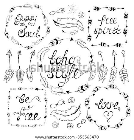 Set of boho style frames with place for your text. Hand drawn bohemian elements: arrows, feathers,wreath, spirals, signs of infinity. Vector illustration. 