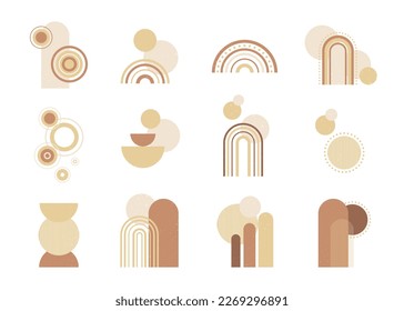 Set of boho style geometric, minimalistic design elements. Abstract shapes with texture. Modern aesthetic figures. Neutral wall decor, cover, print, card, branding designs. 