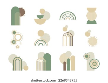 Set of boho style geometric, minimalistic design elements. Abstract shapes with texture. Modern aesthetic. Green organic wall decor, cover, print, card, branding designs.