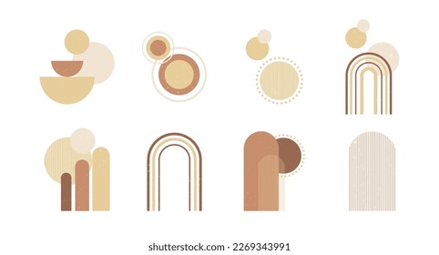 Set of boho style geometric, minimalistic design elements. Abstract shapes with texture. Modern aesthetic figures. Neutral wall decor, cover, print, card, branding designs. 