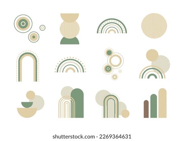 Conjunto de elementos de diseño geométrico y minimalista de estilo boho. Formas abstractas con textura. Estética moderna. Decoración verde de pared orgánica, cubierta, impresión, tarjeta, diseño de marca.