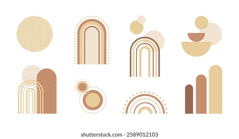 Set of boho style geometric, minimalistic design elements. Abstract shapes with texture. Modern aesthetic figures. Neutral wall decor, cover, print, card, branding designs.