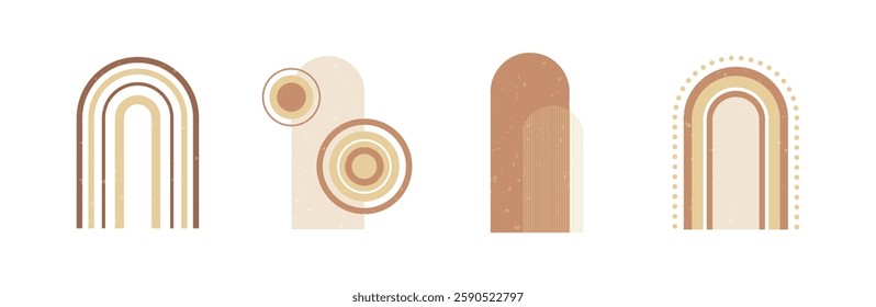 Set of boho style geometric, minimalistic design elements. Abstract shapes with texture. Modern aesthetic figures. Neutral wall decor, cover, print, card, branding designs.