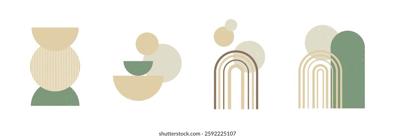 Set of boho style geometric, minimalistic design elements. Abstract shapes with texture. Modern aesthetic. Green organic wall decor, cover, print, card, branding designs.