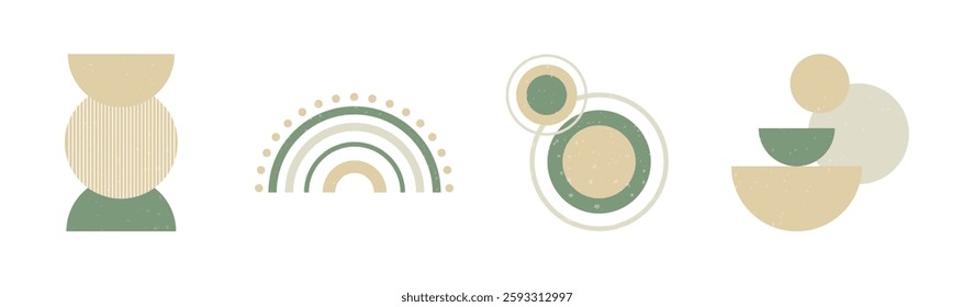 Set of boho style geometric, minimalistic design elements. Abstract shapes with texture. Modern aesthetic. Green organic wall decor, cover, print, card, branding designs.