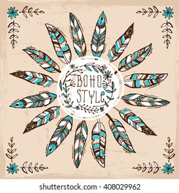 Set of Boho Style  hand drawn elements. Boho vector illustration. Tribal elements for polygraphy of boho wedding. 