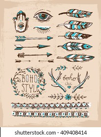 Set of Boho Style  hand drawn elements. Boho vector illustration. Tribal elements for boho wedding.