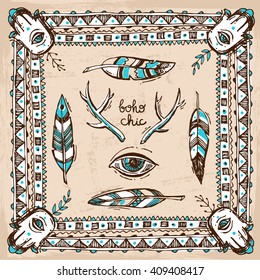 Set of Boho Style  hand drawn elements. Boho vector illustration. Tribal elements for boho wedding.