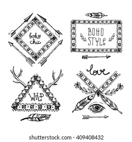 Set of Boho Style  hand drawn elements. Boho vector illustration. Tribal elements for boho wedding.