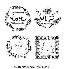 Set of Boho Style  hand drawn elements. Boho vector illustration. Tribal elements for boho wedding.