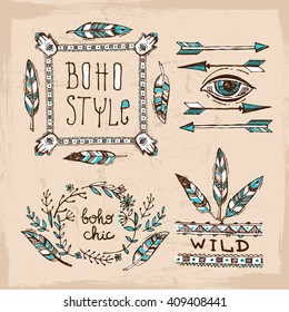 Set of Boho Style  hand drawn elements. Boho vector illustration. Tribal elements for boho wedding.