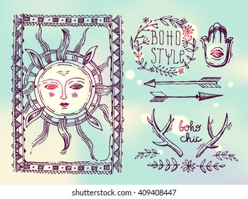 Set of Boho Style  hand drawn elements. Boho vector illustration. Tribal elements for boho wedding.