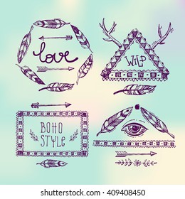 Set of Boho Style  hand drawn elements. Boho vector illustration. Tribal elements for boho wedding.