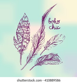 Set of Boho Style  hand drawn feathers. Boho vector illustration of feathers. Tribal elements for poygraphy of boho wedding.
