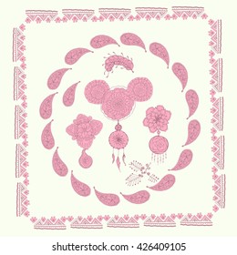 Set of Boho Style, hand drawn element,frames. Vector illustration. Boho tribal hipster label set. Ornament vintage symbol element, decoration drawing collection, flyer, banner, card, brochure.