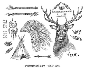 Set of Boho Style  hand drawn elements.  Tribal elements for polygraphy of wedding.