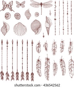Set of Boho Style  hand drawn elements.