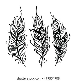 Set of Boho Style hand drawn feathers elements. vector illustration. Tribal hippie element.