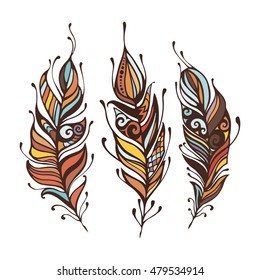 Set of Boho Style hand drawn feathers elements. vector illustration. Tribal hippie element.