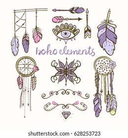 Set of boho style hand drawn elements: dreamcatcher, feathers and arrows -  isolated on white background.