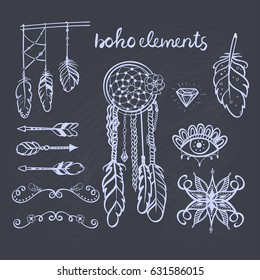 Set of boho style hand drawn elements: dreamcatcher, feathers and arrows -  isolated on white background.