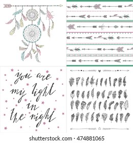Set of boho style illustrations, patterns, lettering. Dream catcher, arrows, feather, inspired words.