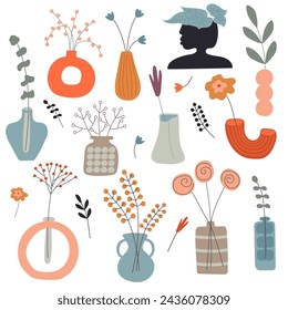 Set of boho stylized hand drawn flowers in a vases on a white background. Elements for logo, business card, booklet