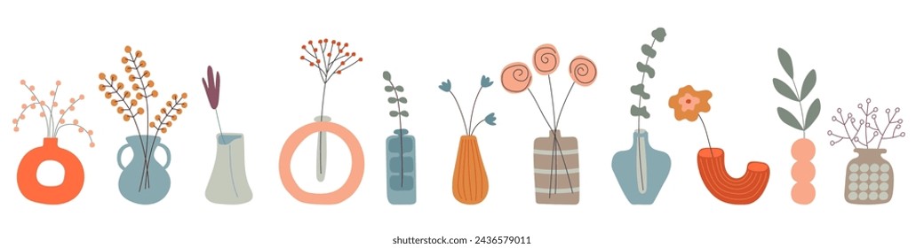 Conjunto de flores estilizadas boho dibujadas a mano en jarrones sobre un fondo blanco. Elementos para logotipo, tarjeta de visita, folleto
