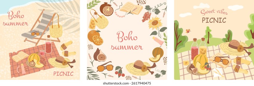 Set of boho summer picnic illustrations with beach and nature in the background. Flat hand drawn design with fruits, juice and summer accessories. For branding, packaging, cards, lifestyle blogs