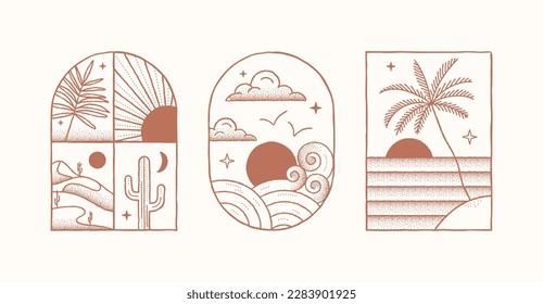 Set of boho summer posters. Minimalist design for print, card or wall decor. Landscapes, sun, moon, ocean.