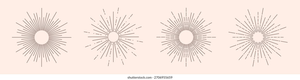Set Boho Sonnenaufgang und halb Sonnenstrahlen Linie Symbole