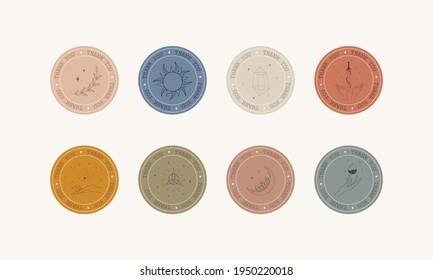 Set of boho Thank you badges, labels and stickers. Thank you for your order icons. Modern vector illustration in linear style. Use for tags, tissue paper, patterns and etc.