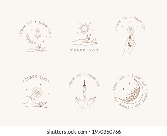 Set of boho Thank you badges, labels and stickers. Thank you for your order icons. Modern vector illustration in linear style. Use for tags, tissue paper, patterns and etc.