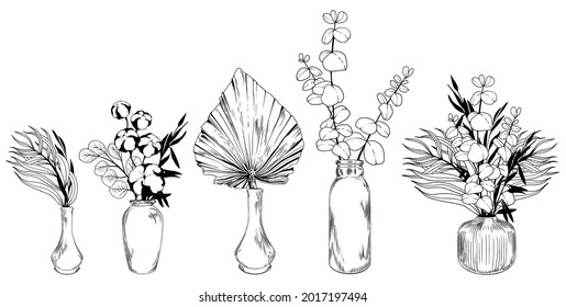 Set of boho vases with eucalyptus, cotton and palm leaves. Black and white vector illustration.