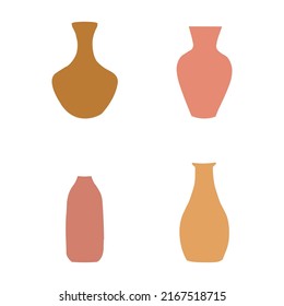 Set of boho vases with orange-pink shades. Boho style home decor. Boho ceramic vases, vector illustration