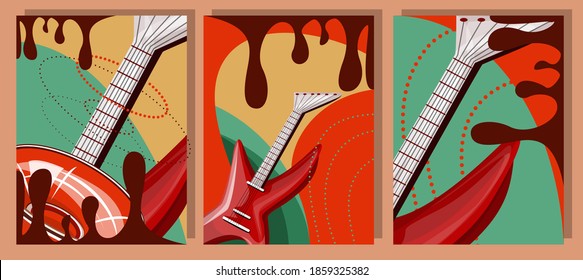 a set of Boho Vector images with a well-drawn guitar and speaker set against a background of bright minimalistic spots. Rock music concept. EPS 10